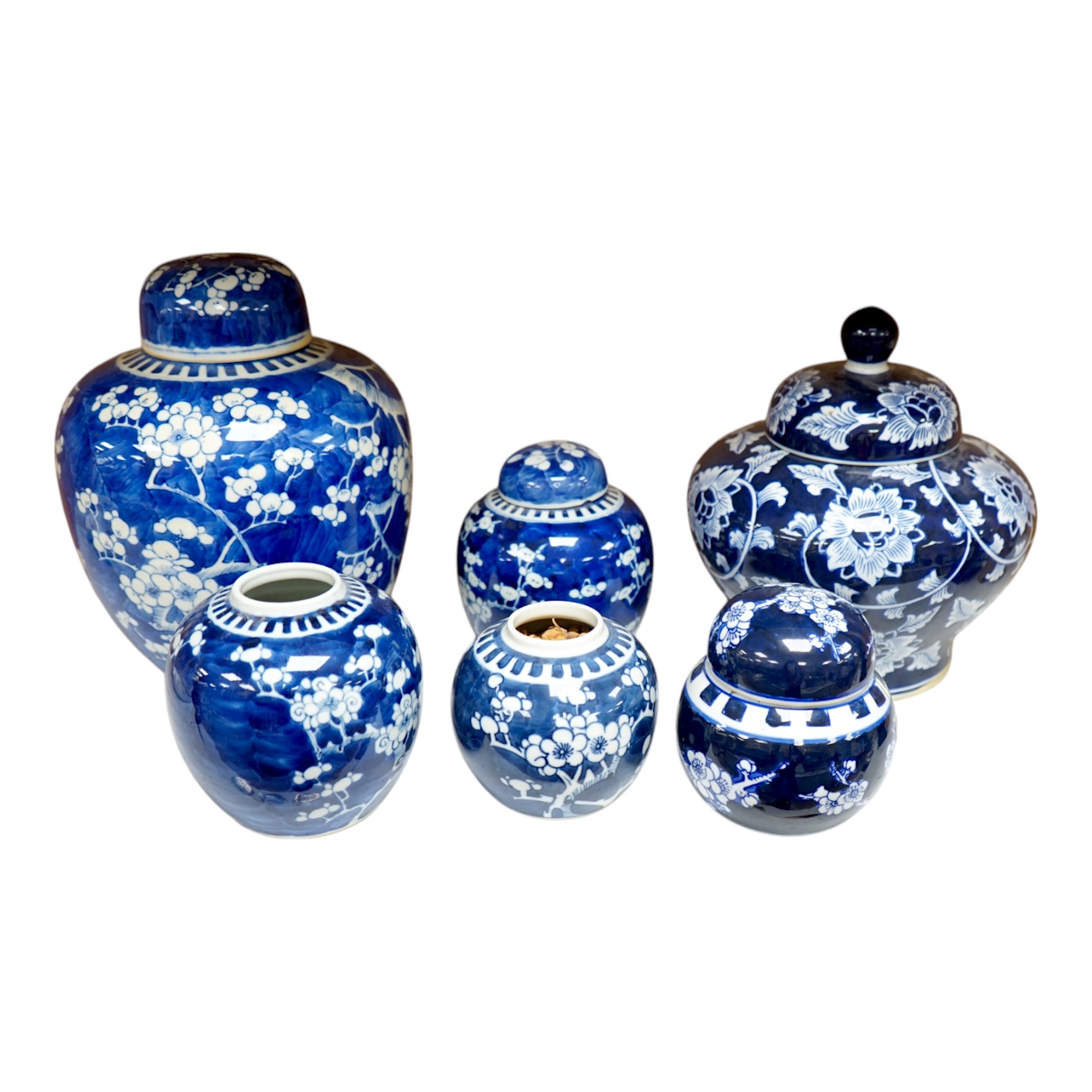 Six various Chinese prunus pattern blue and white jars, tallest 26cm. Condition - varies